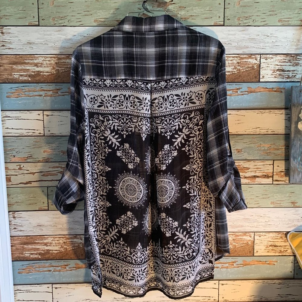 XHILARATION Plaid/Mixed Sheer Button-Up Top Sz S